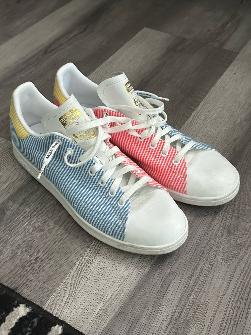 Adidas Love Unites Stan Smith sz 13 sneakers tennis shoes pink yellow blue